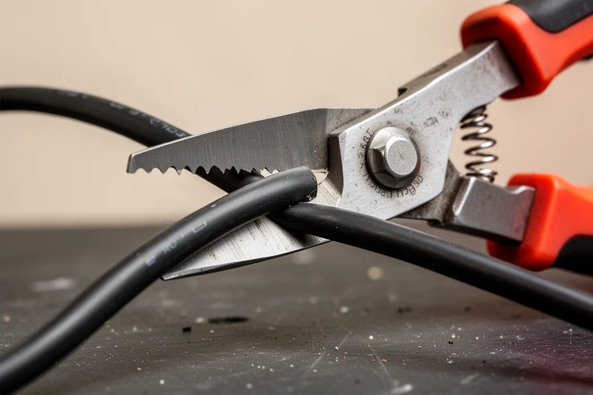 Primer plano de hojas dentadas de tijera cortando un cable eléctrico blando
