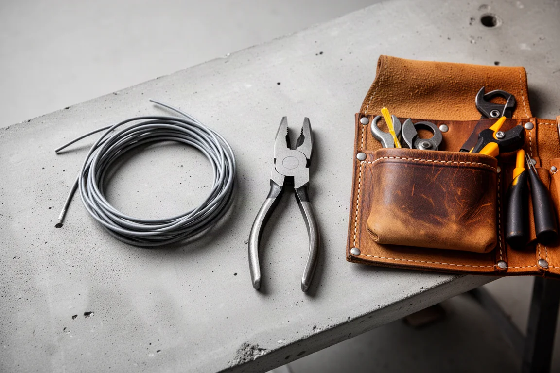 Vista cenital de herramientas de mano de electricista dispuestas sobre una mesa de trabajo