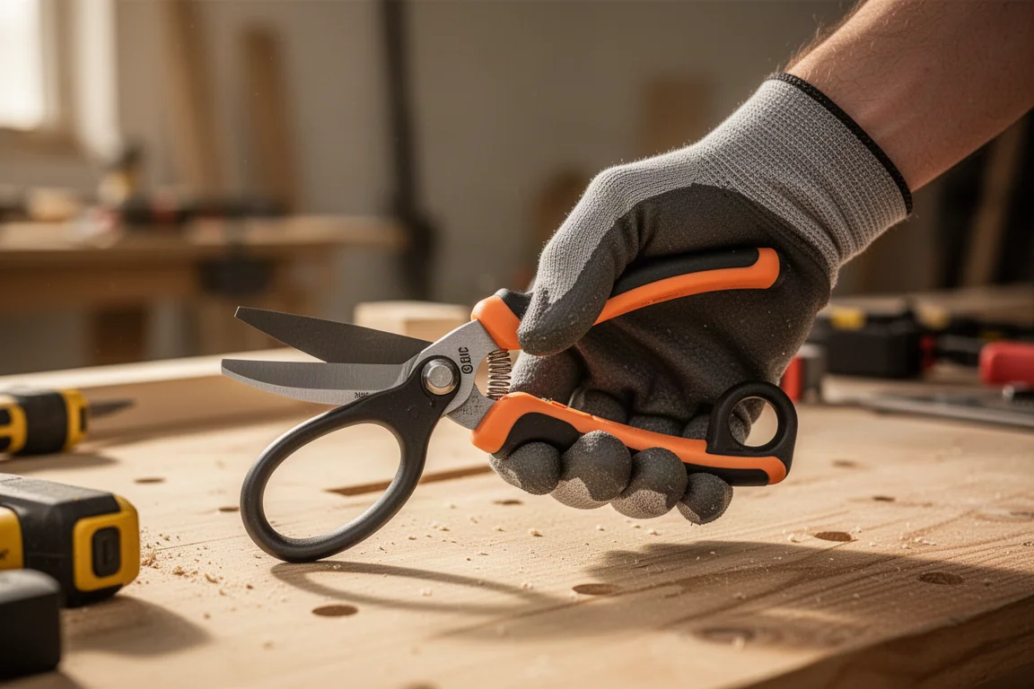 Mano agarrando unas tijeras de anillos grandes sobre una mesa de obra