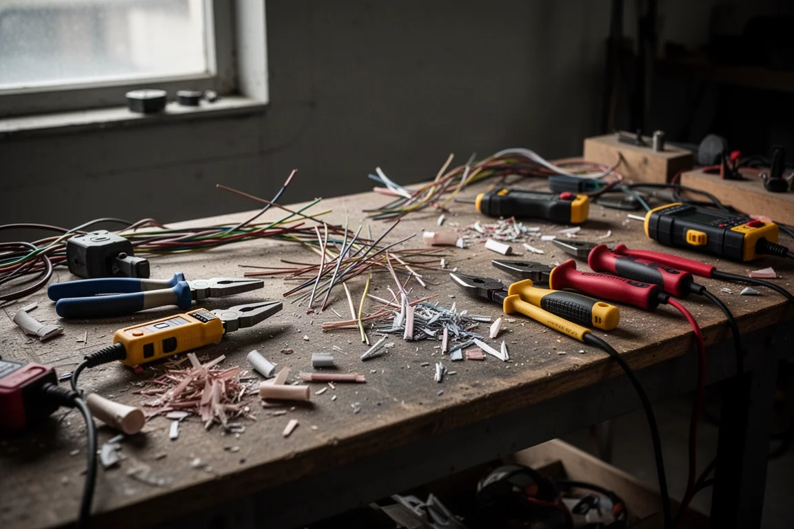 Herramientas esparcidas por una mesa de trabajo tras un día de trabajo eléctrico