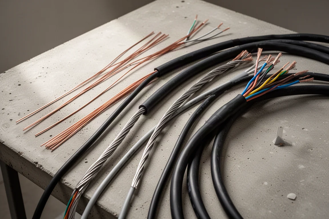 Verschiedene Elektrokabel liegen zum Schneiden bereit auf einer Werkbank