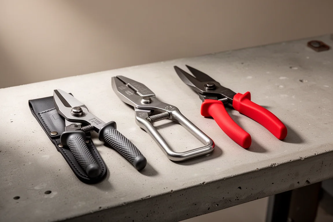 Three pairs of electrician's shears arranged side by side on a concrete workbench