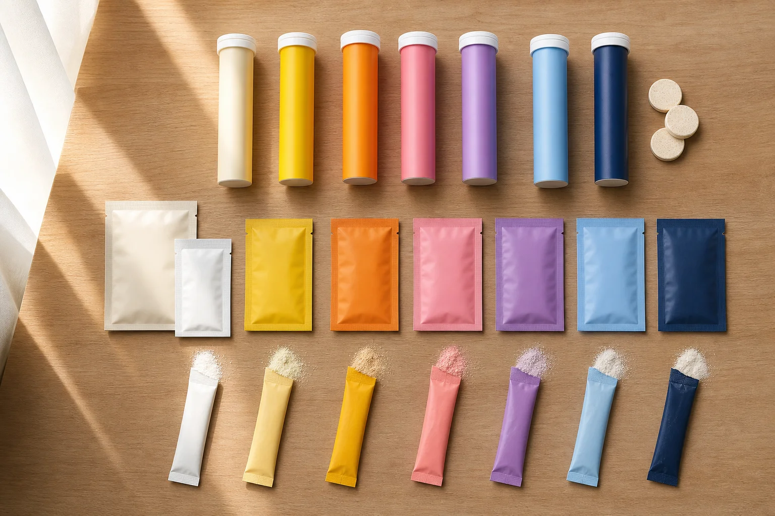 Assorted electrolyte tablets and sachets arranged on a wooden surface