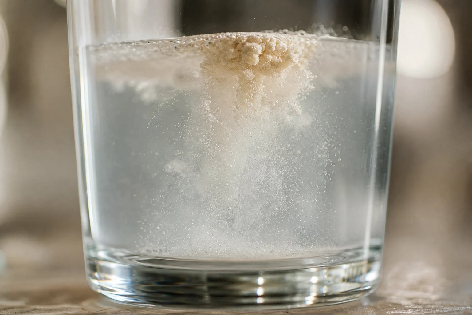 Close-up of electrolyte powder dissolving in water