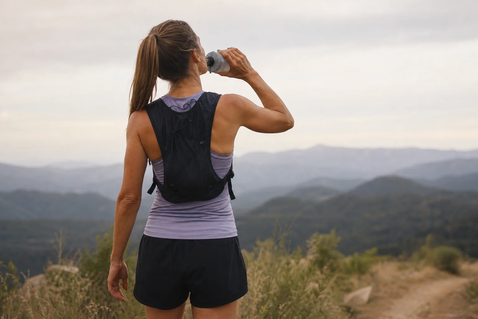 Runner hydrating during a long-distance run on a road