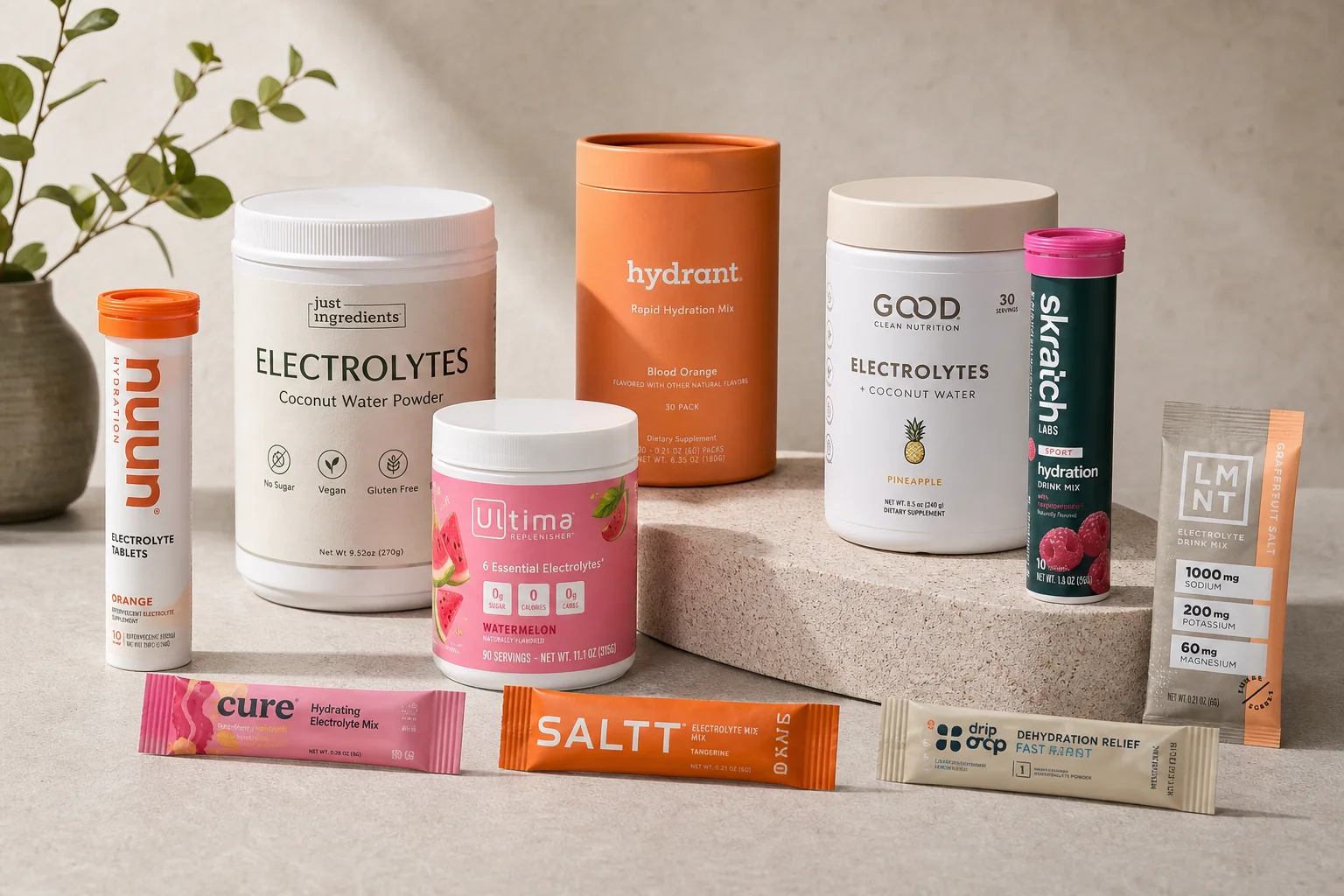 Collection of electrolyte products including powders, tablets, and tubs on concrete surface