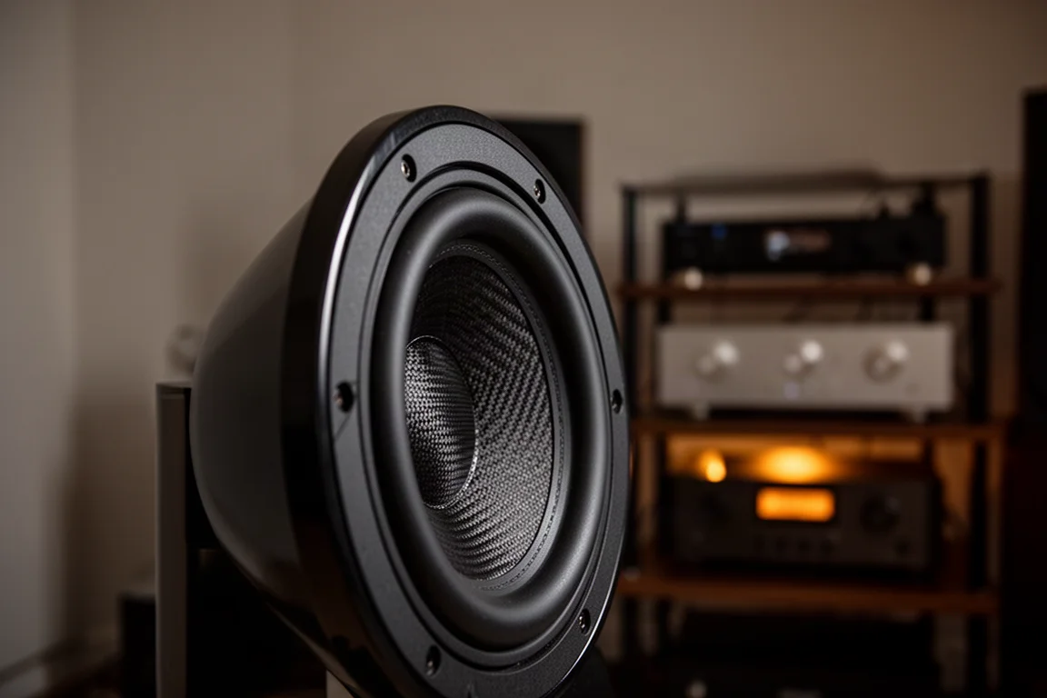 Nahaufnahme eines Subwoofer-Chassis mit schwarz gewebter Membran in einem dämmrigen Hörraum