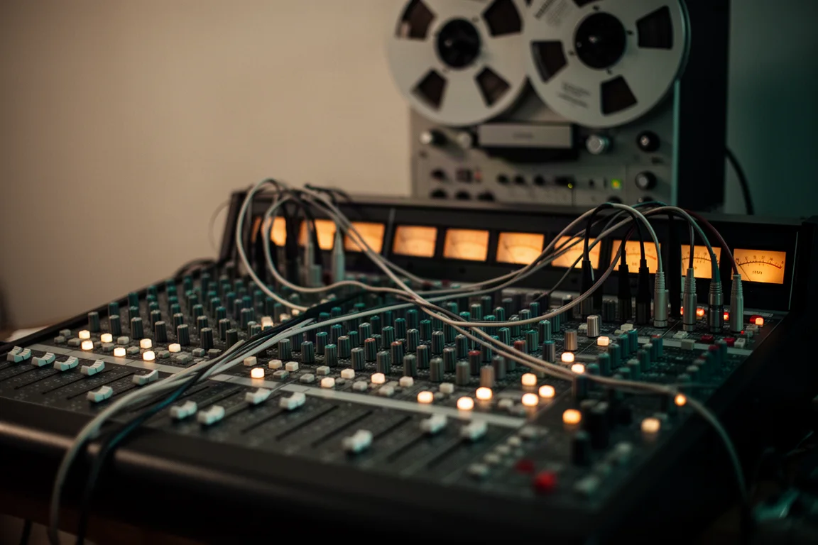Analoge Mischpultkonsole mit leuchtenden VU-Metern und Patchkabeln in einem dämmrigen Studio