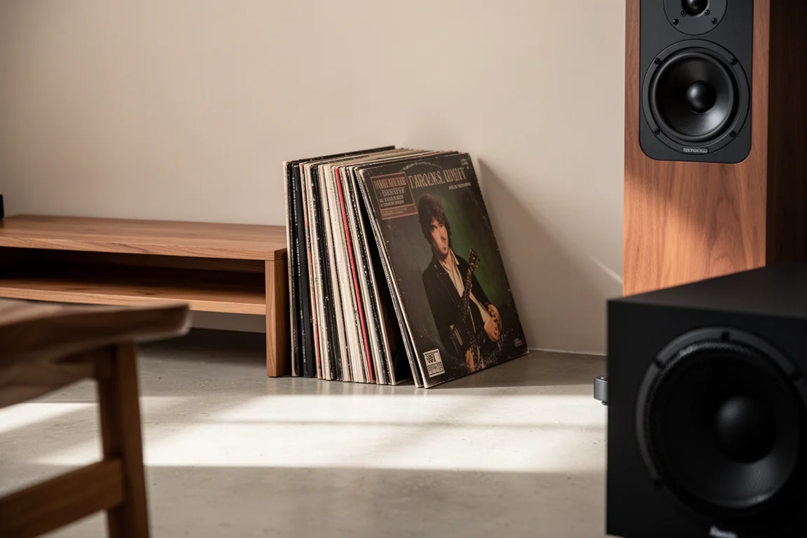 Ecke einer heimischen Hi-Fi-Anlage mit Vinylhüllen, einem Standlautsprecher und einem Subwoofer