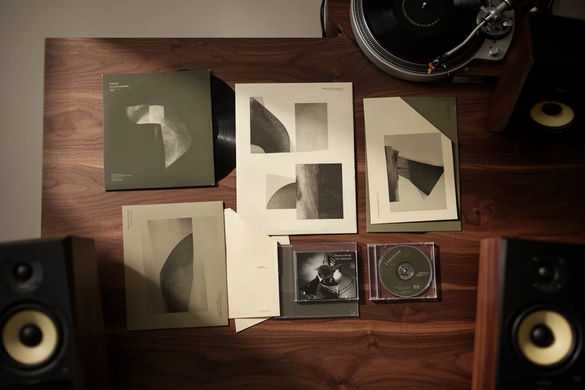 Four vinyl sleeves and a CD case arranged on a dark walnut surface beside studio speakers
