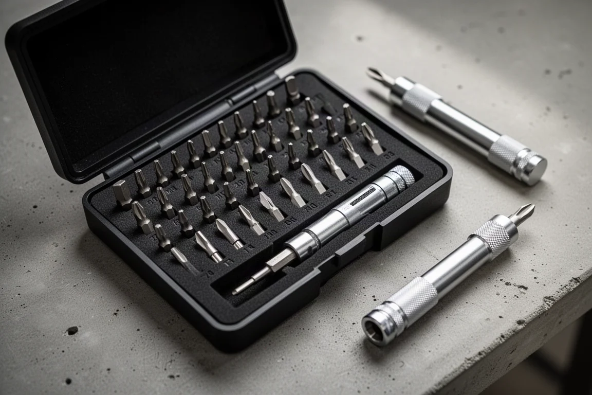 Open electronics repair kit with 64 precision bits laid out in foam slots on a workbench