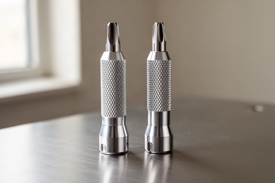 Machined aluminum precision screwdriver handle standing upright with knurled grip visible