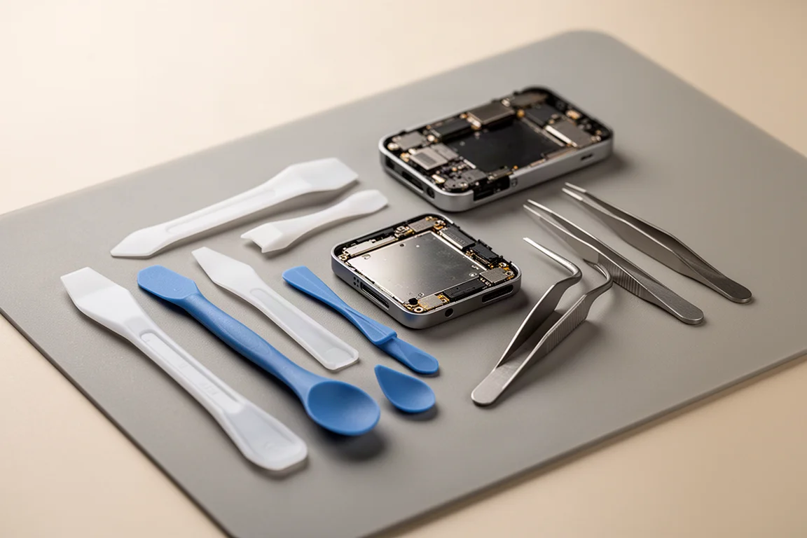 Plastic pry tools and tweezers laid out on a repair mat next to a disassembled phone