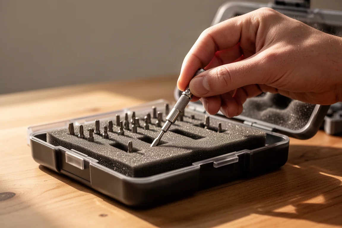 Hand pulling a precision bit from a foam-lined bit organizer in a quiet workspace