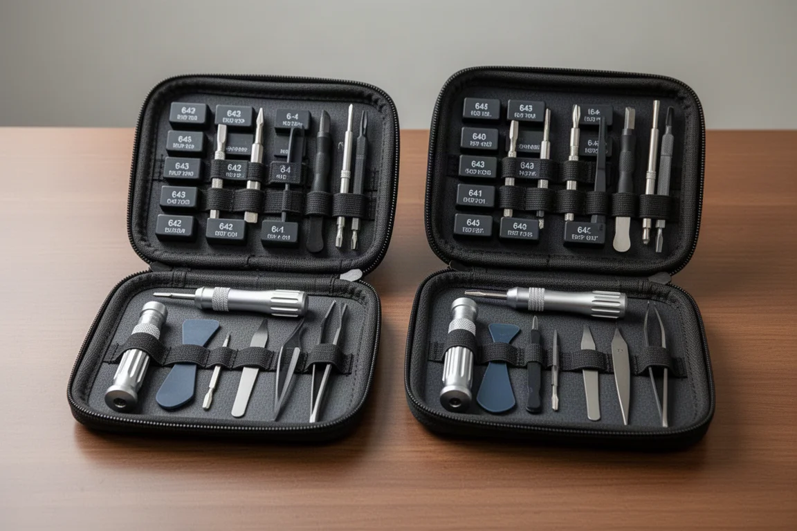Two open electronics repair toolkits with precision bits, handles, and pry tools on a wooden desk