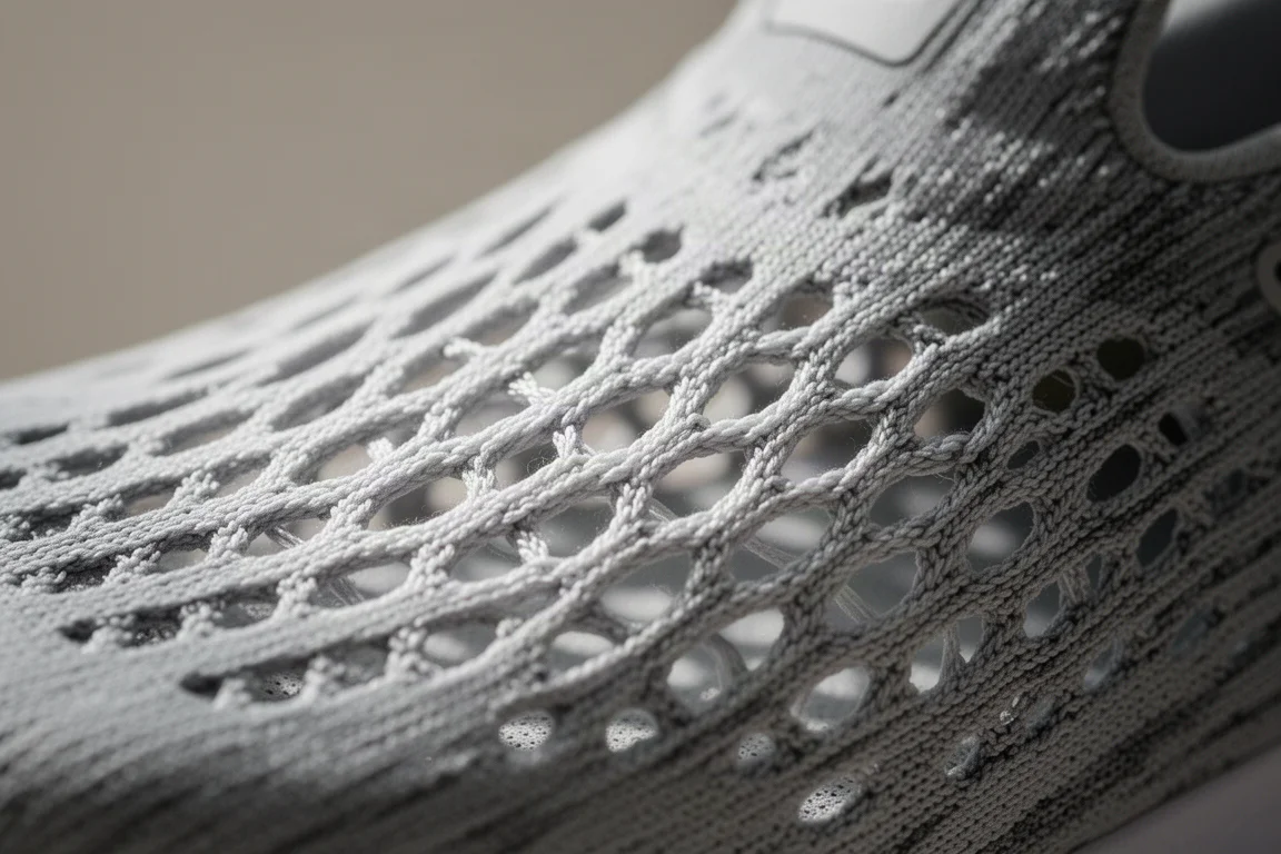 Primissimo piano di un tomaio di scarpa da gara con ampie aperture di ventilazione e filamenti rivestiti in TPU