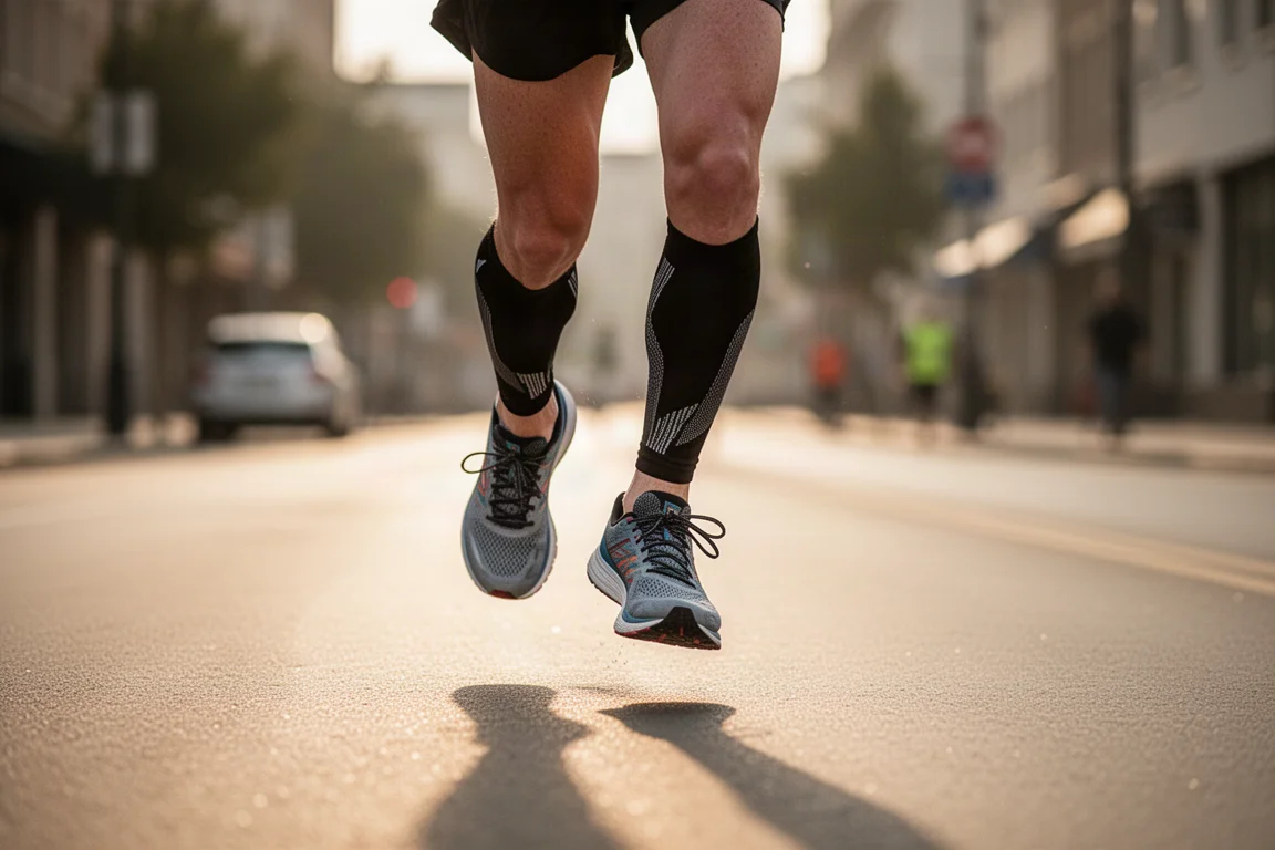 Runner che atterra sull'avampiede su asfalto illuminato dal sole durante un allenamento sul ritmo da maratona