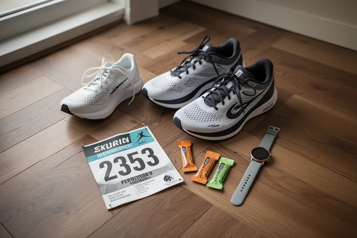Flat-lay da giorno di gara con scarpe da running, pettorale e gel su un pavimento in legno