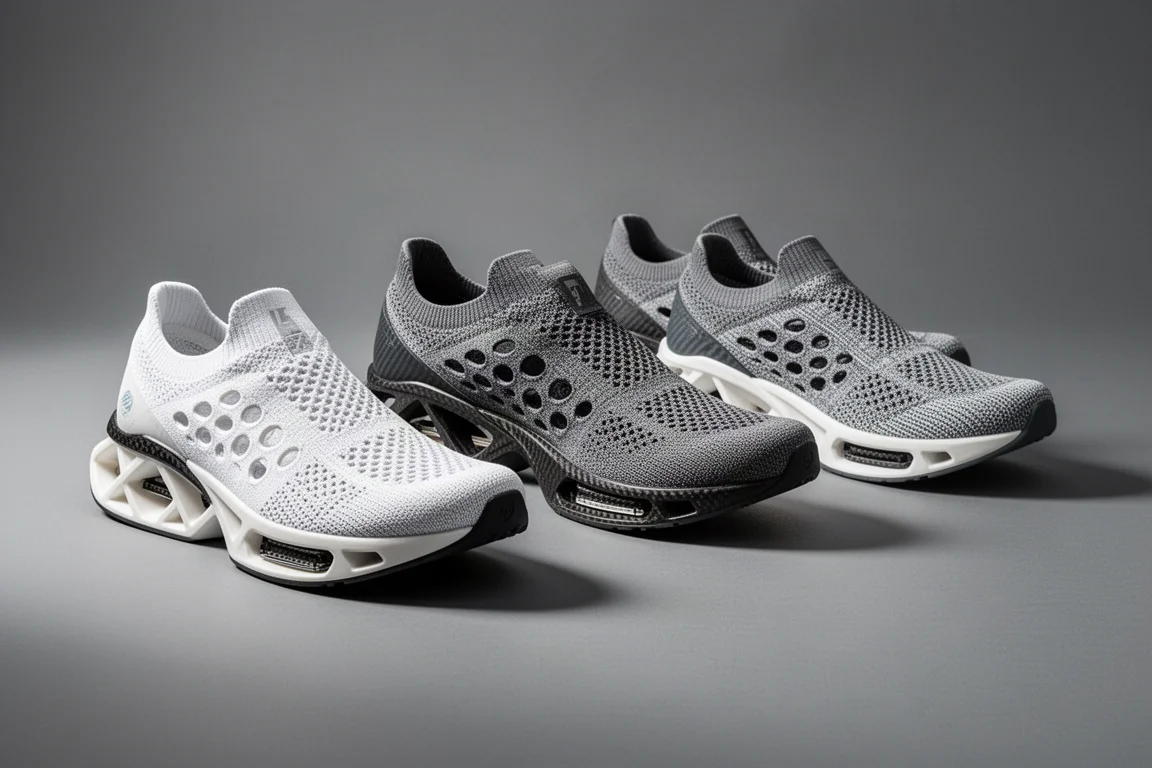 Quattro scarpe da corsa con piastra in carbonio allineate su uno sfondo grigio neutro