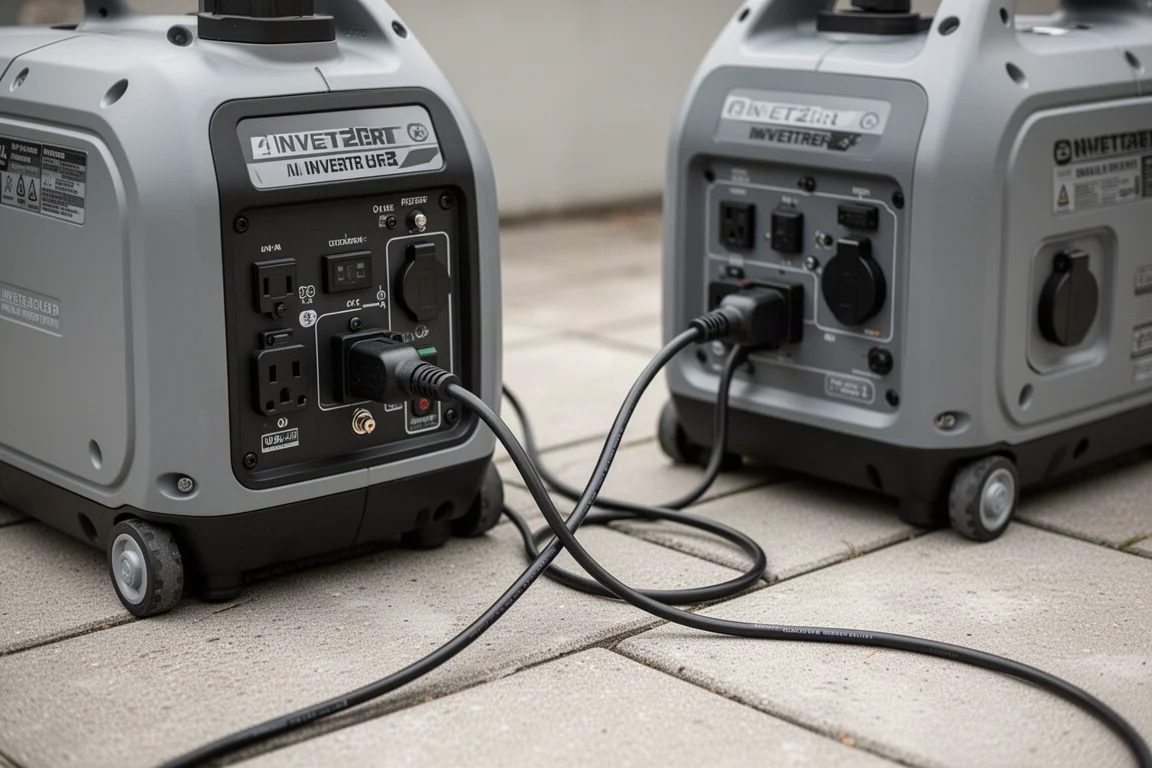 Twee kleine invertergeneratoren met een parallelkabel aan elkaar gekoppeld