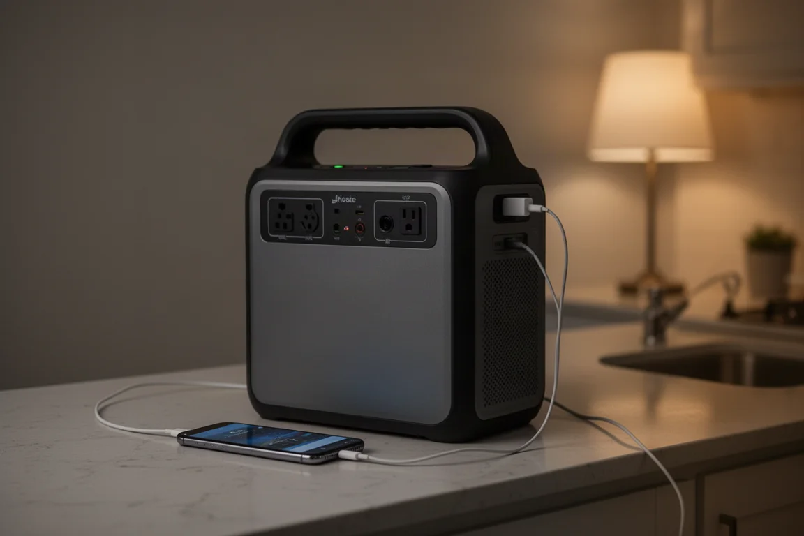 Draagbaar powerstation dat telefoons oplaadt op een aanrecht tijdens een stroomuitval