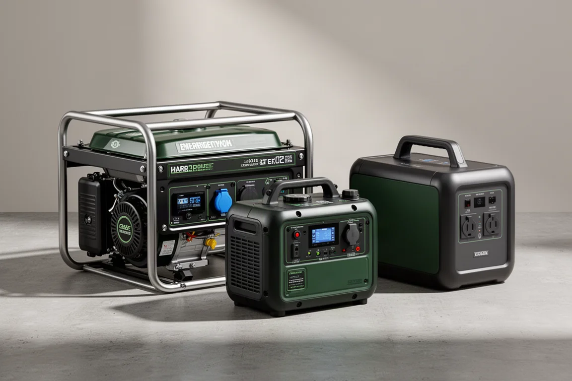 Open frame generator, enclosed inverter generator, and power station arranged on concrete