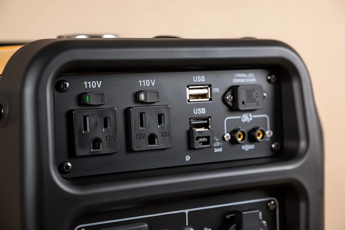 Close-up van het bedieningspaneel van een generator met 110V-stopcontacten en parallelle aansluitpoorten