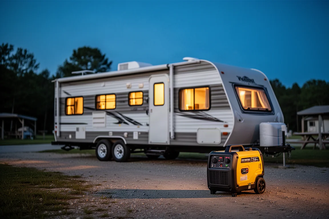 Camper geparkeerd op een camping in de schemering met een omvormergenerator in de buurt aangesloten