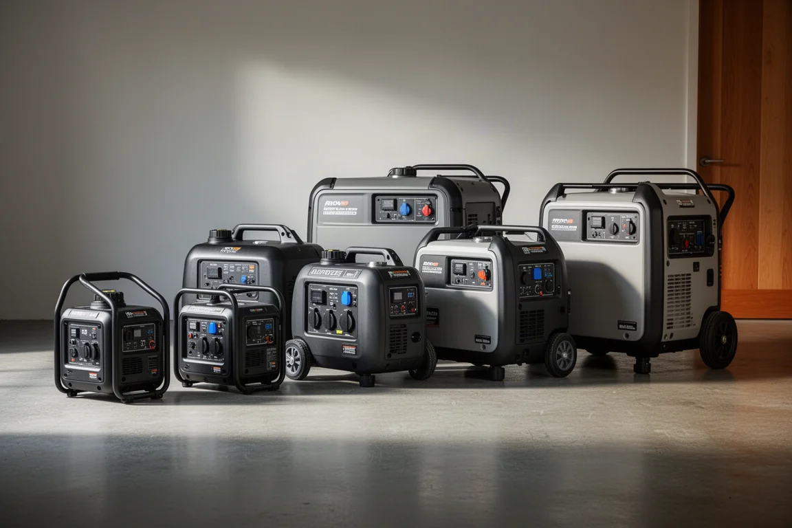 Row of portable inverter generators of varying sizes on a concrete floor