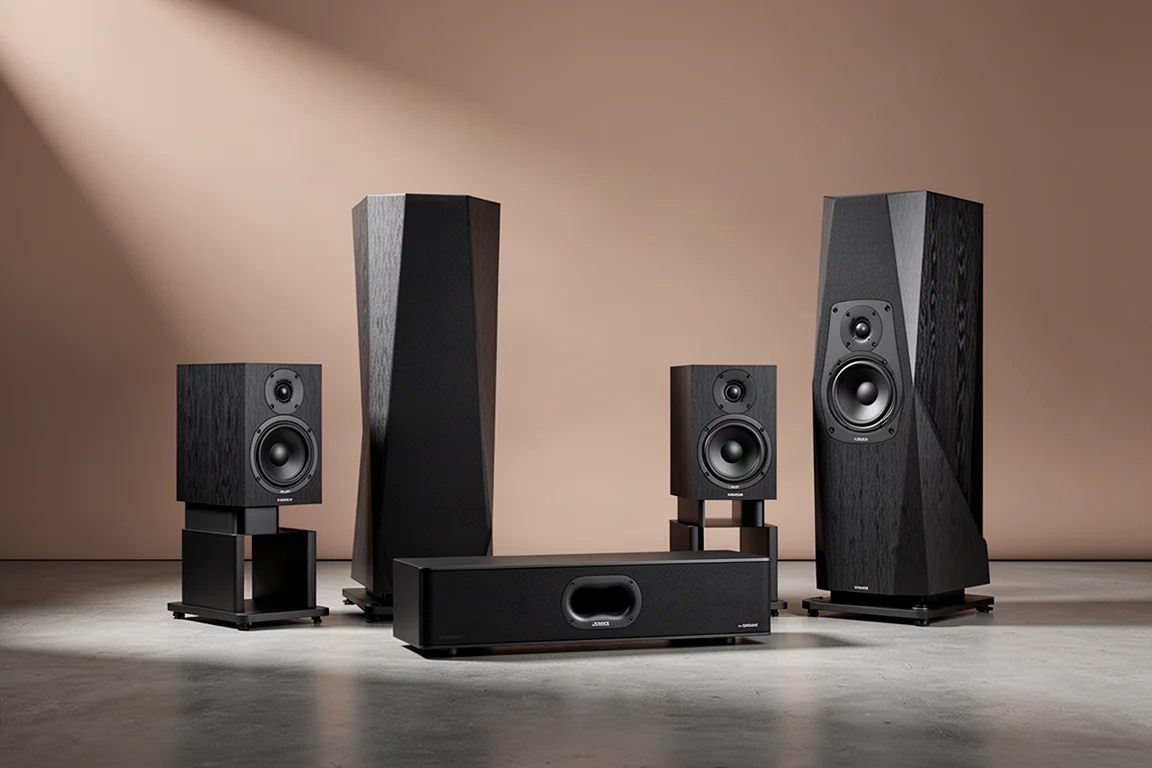 Group of black Emotiva tower, bookshelf and center channel speakers on a concrete floor