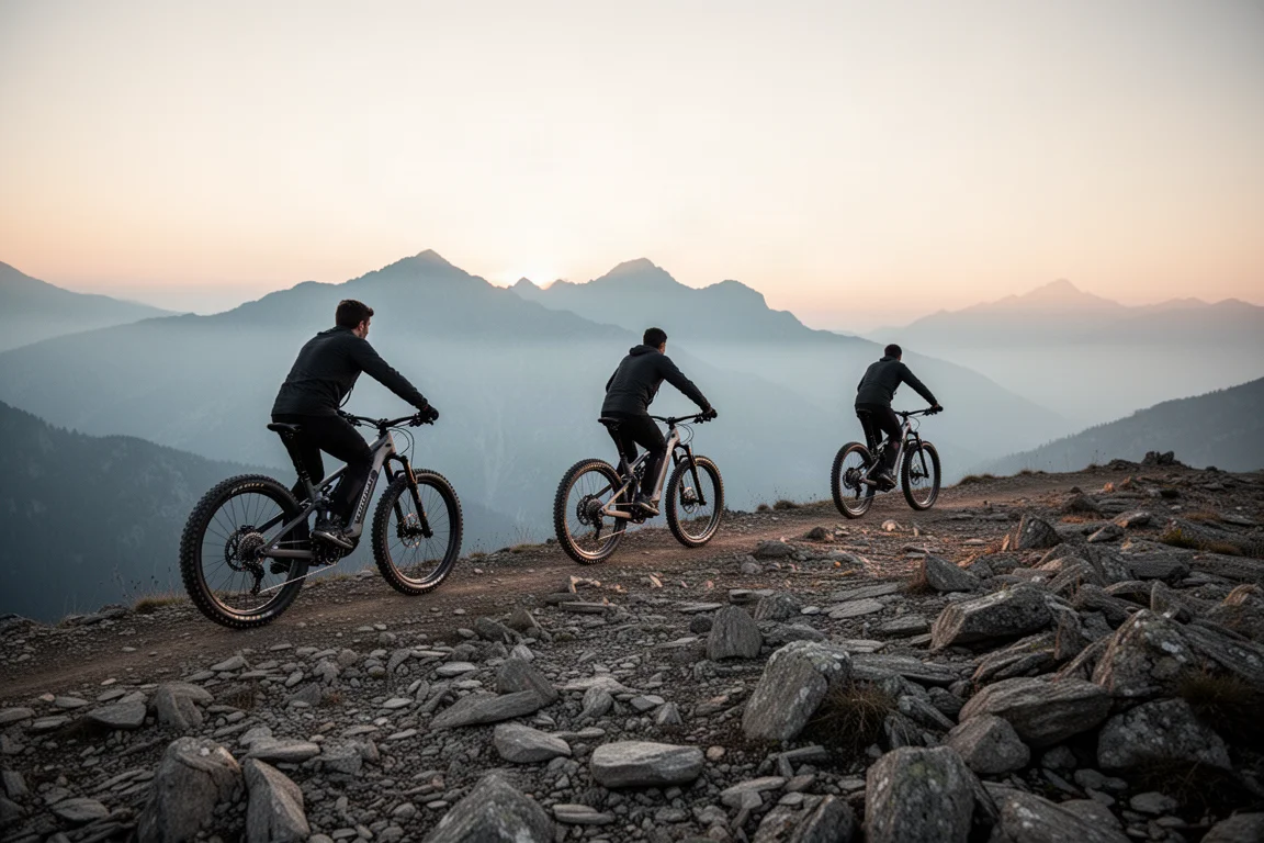 Grupo de mountain bikes elétricas pedalando em uma trilha rochosa de crista sob a luz do início da manhã