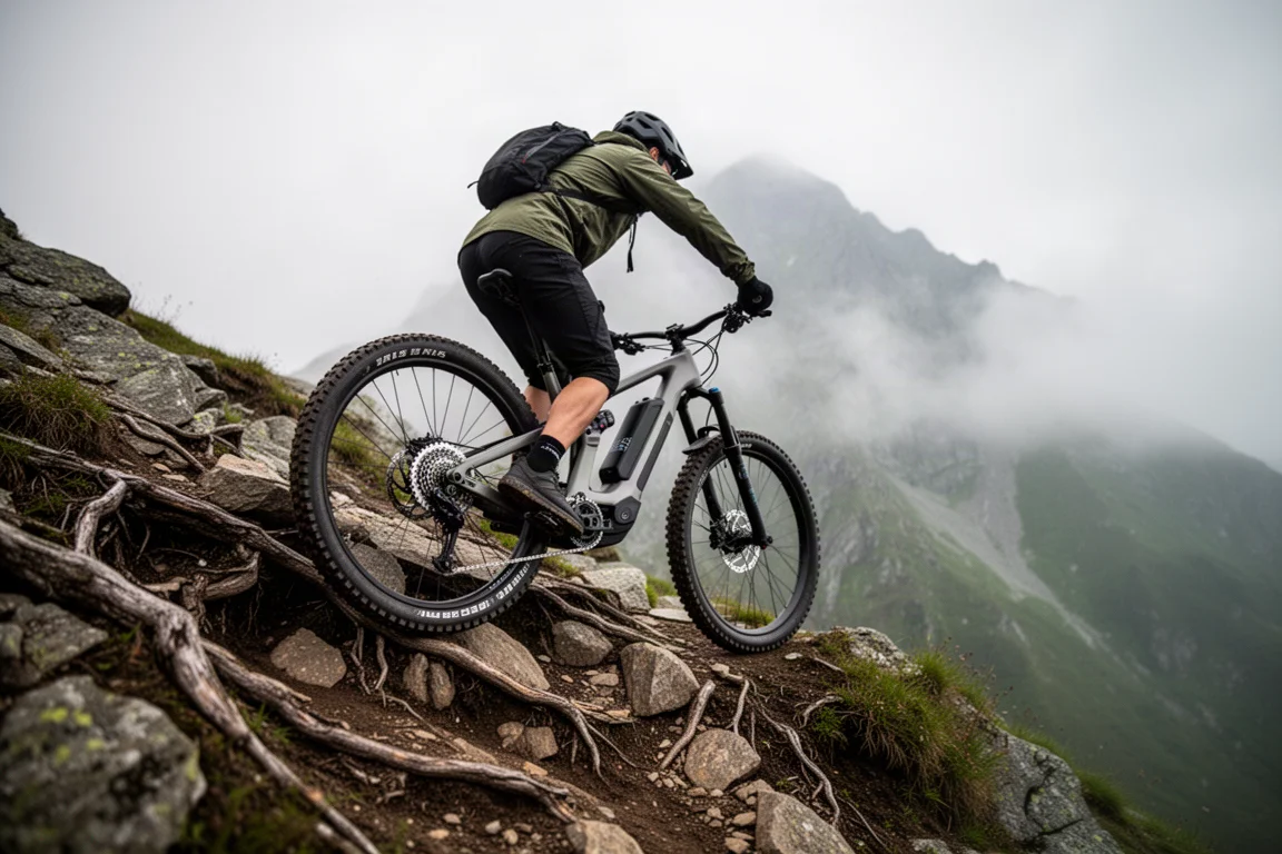 Mountain bike elétrica subindo uma trilha íngreme de pedras soltas com montanhas ao fundo