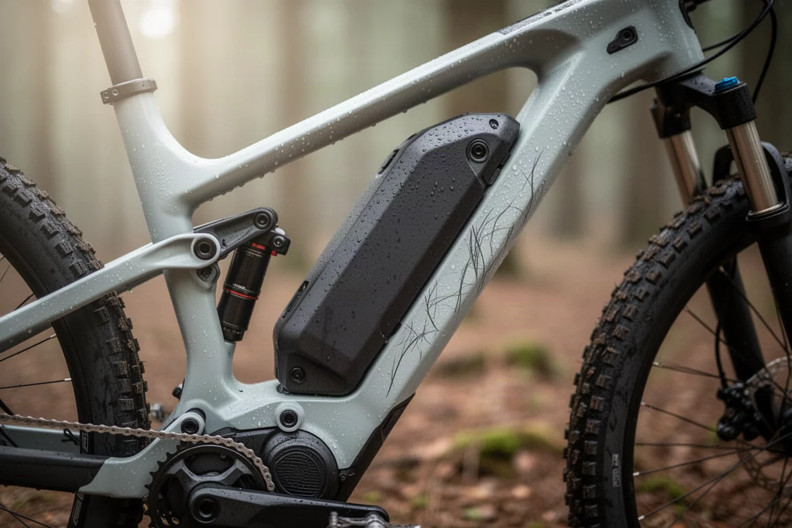 Close no downtube de uma eMTB com bateria integrada e carcaça do motor selada