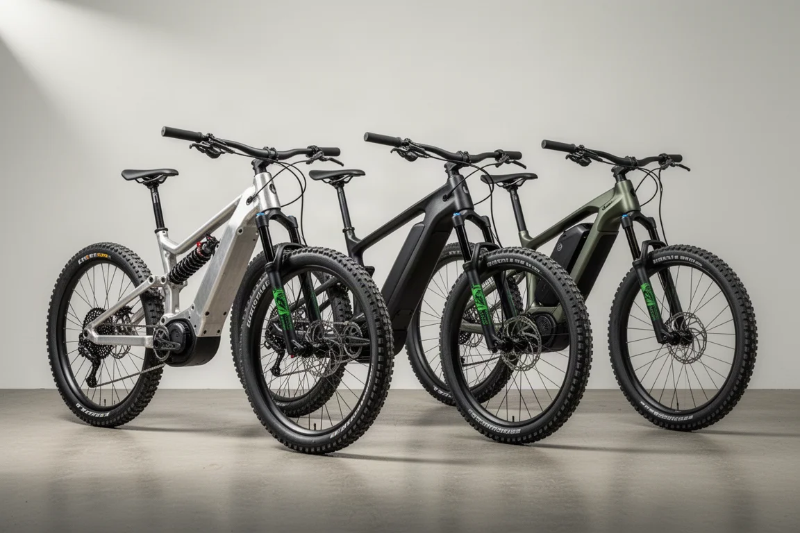 Three long-travel electric mountain bikes lined up side by side in a studio setting
