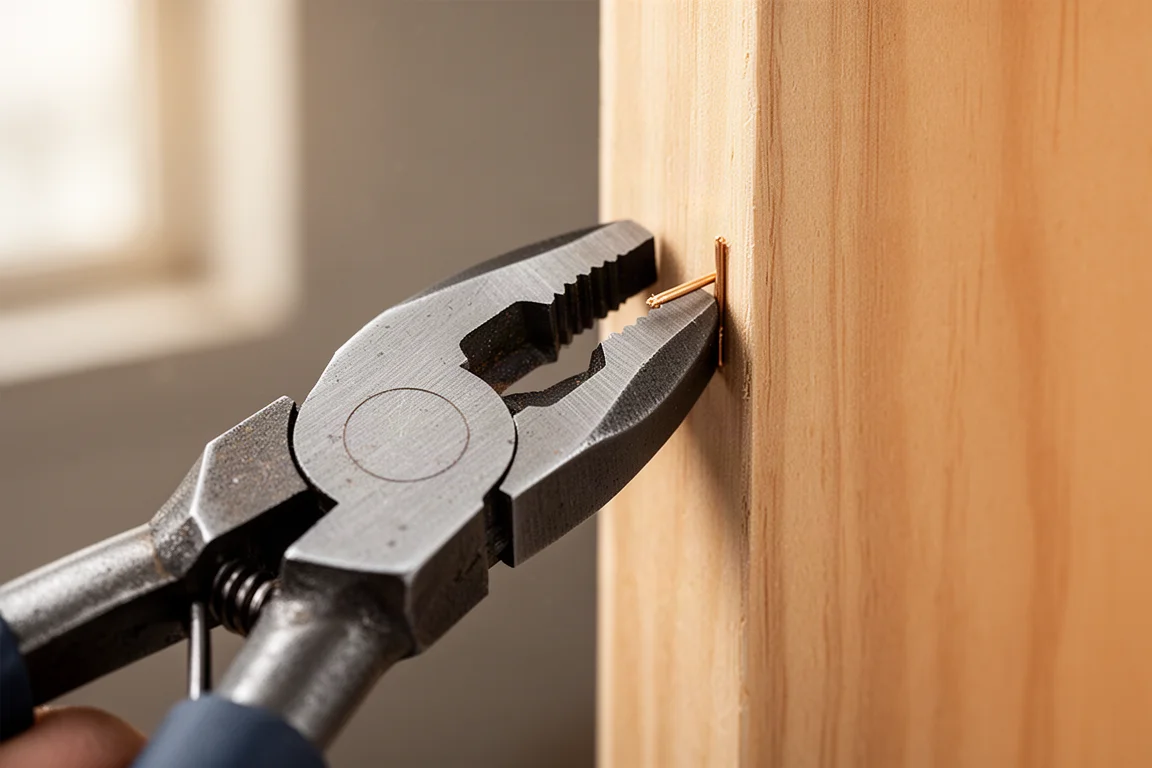 Primo piano delle mascelle di pinze da taglio allineate contro un pannello di legno