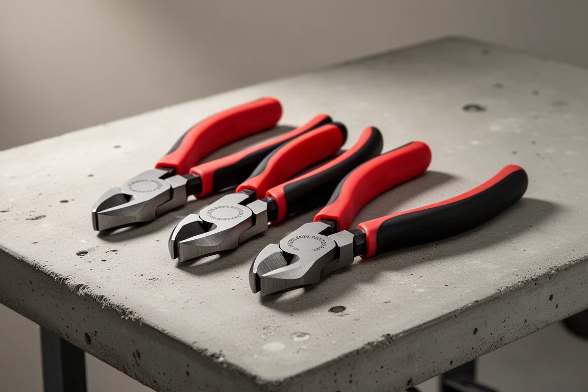 Three pairs of end cutting pliers lined up on a concrete workbench