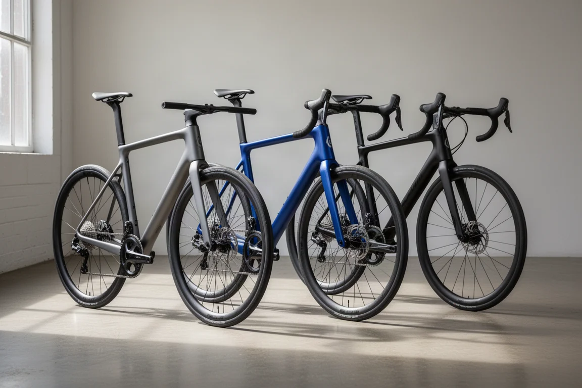 Drie endurance-racefietsen op een rij geparkeerd op een mat betonnen oppervlak