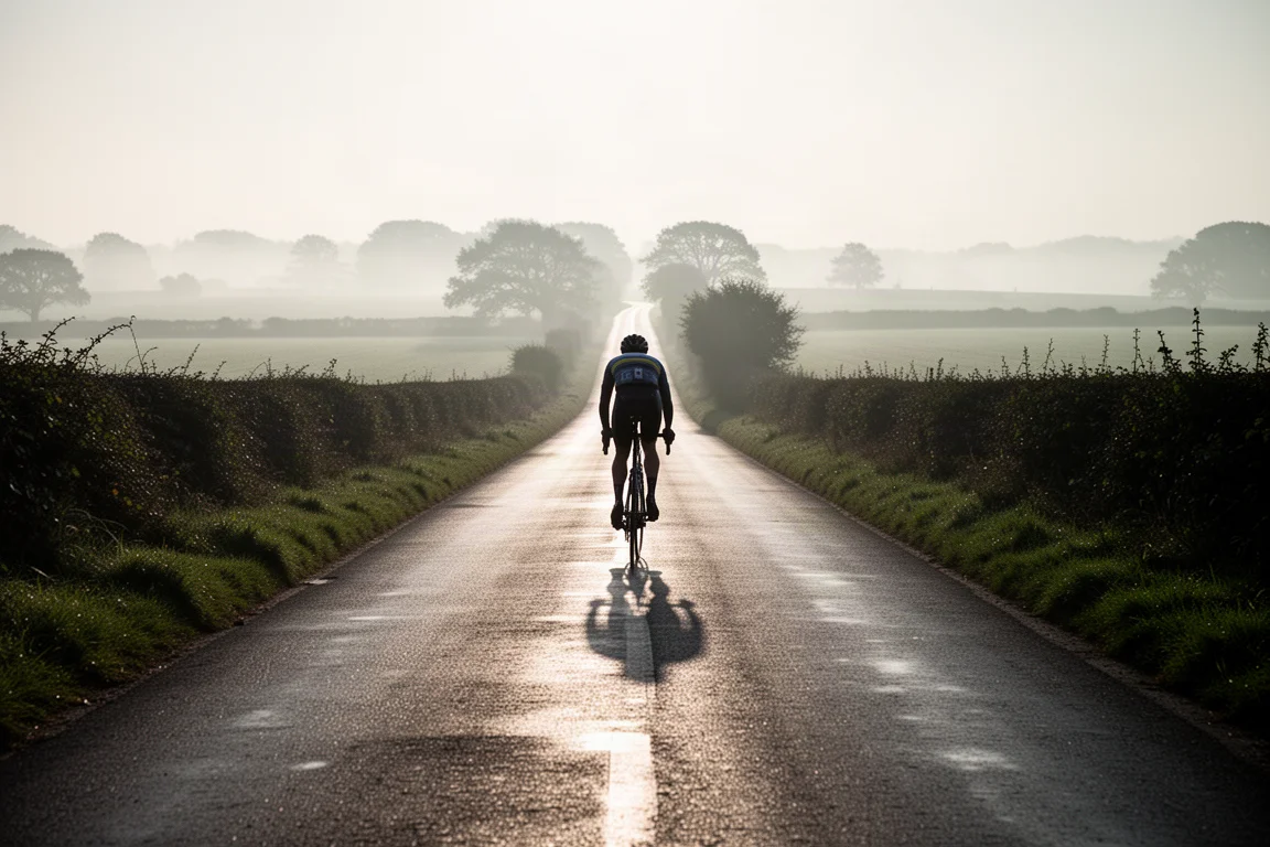 Cycliste sur route roulant sur une petite route de campagne déserte à l'aube, bitume mouillé