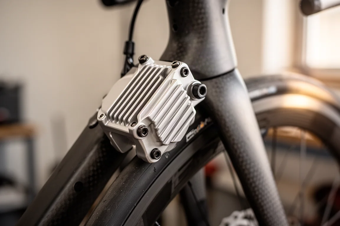 Gros plan sur un étrier de frein à disque flat-mount avec ailettes de refroidissement en alliage sur un cadre de vélo
