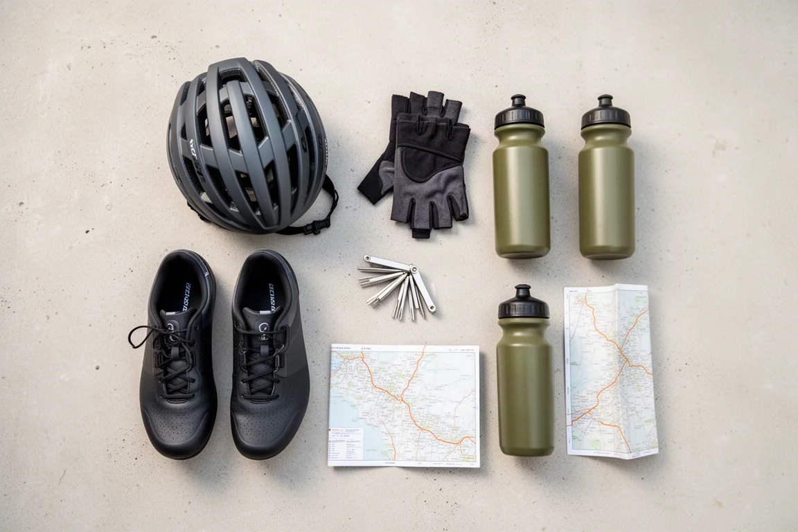 Vue à plat du kit cycliste : casque, chaussures, bidons et multi-outil