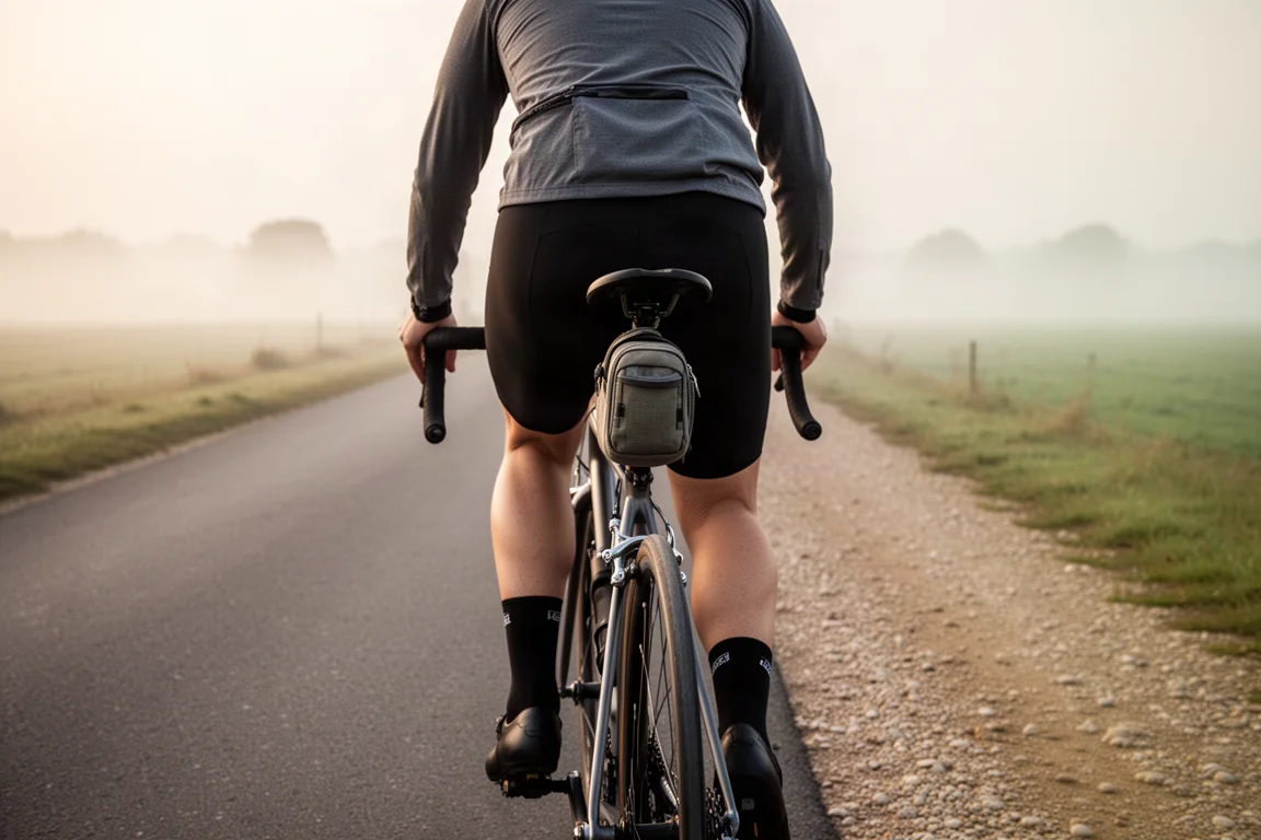 Escena de taller doméstico con una bici de carretera endurance apoyada en un soporte de reparación