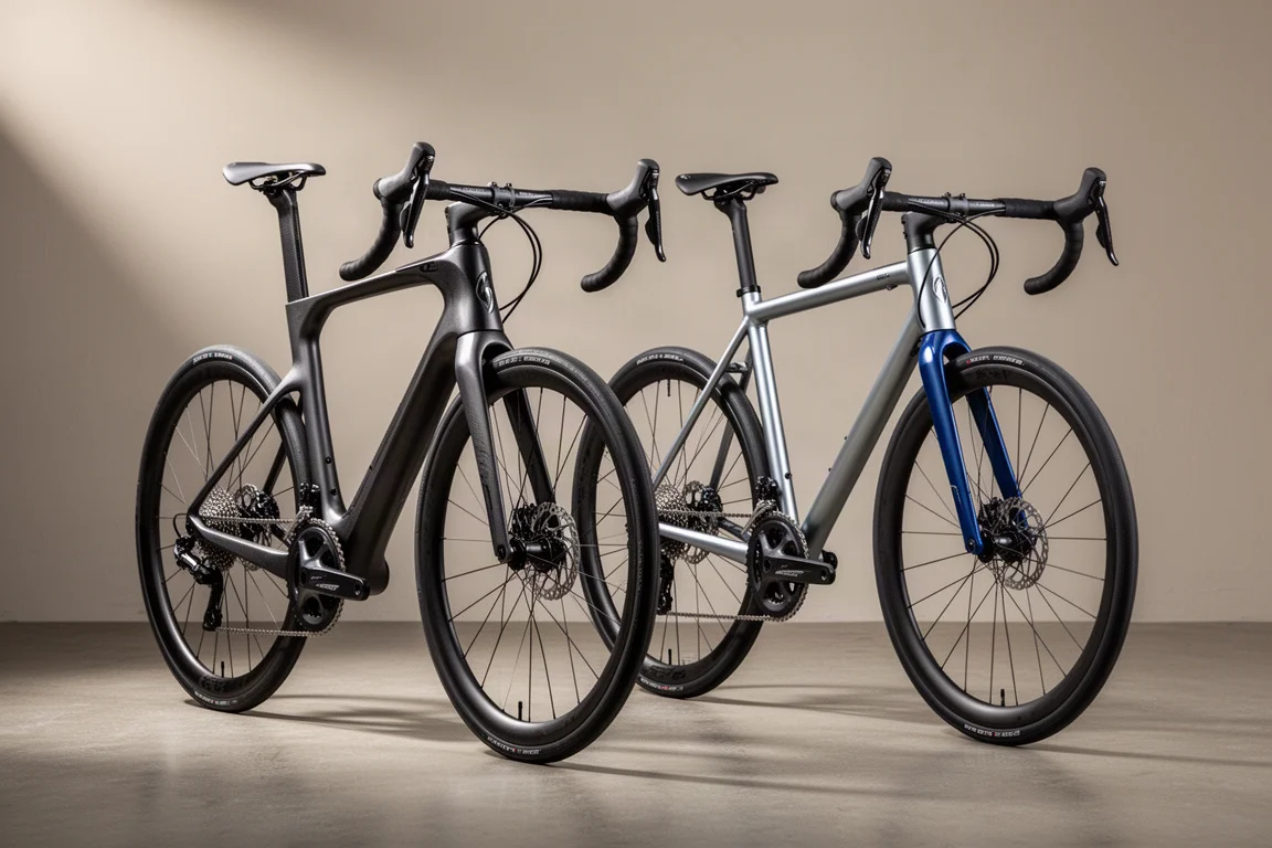 Group of endurance road bikes with carbon frames arranged on a concrete surface