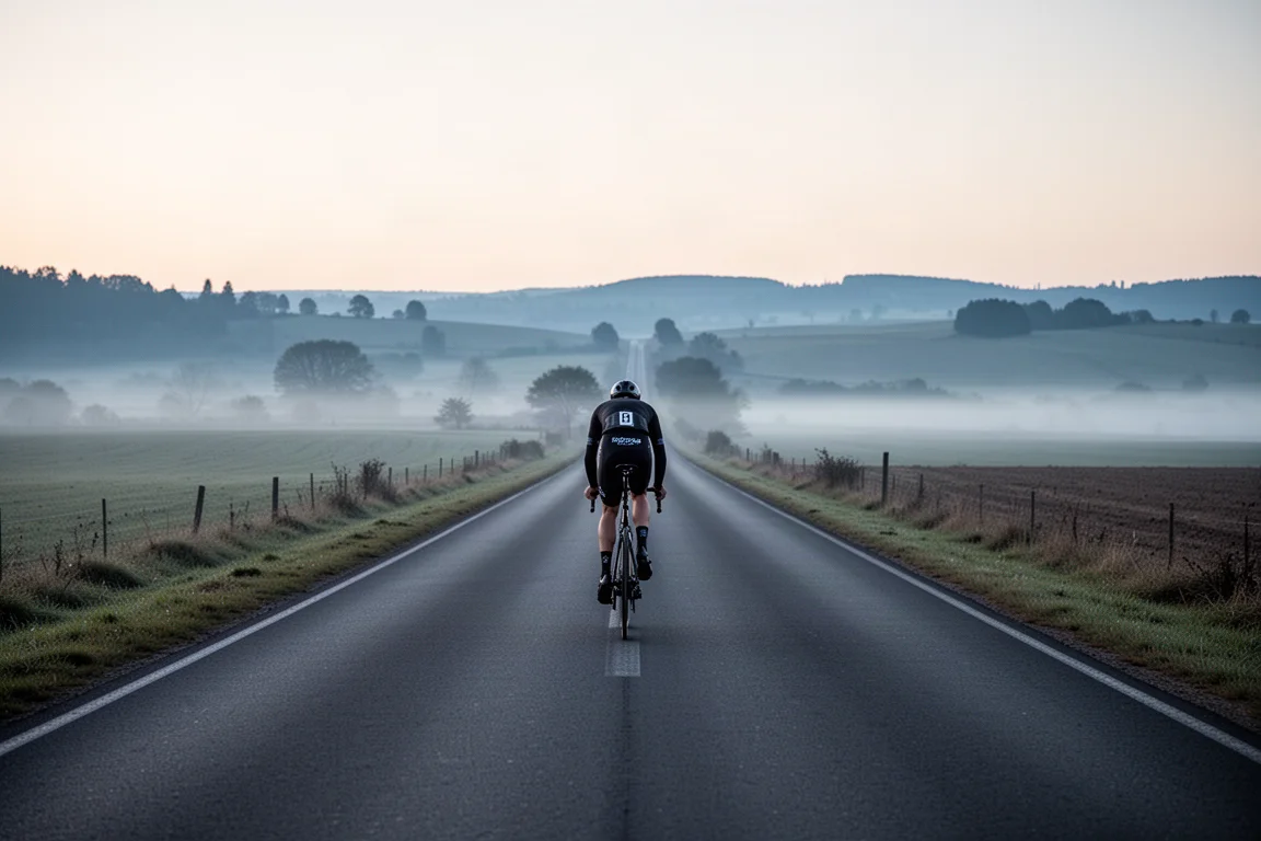 Ciclista in sella a una bici da strada endurance su una strada rurale aperta all'alba
