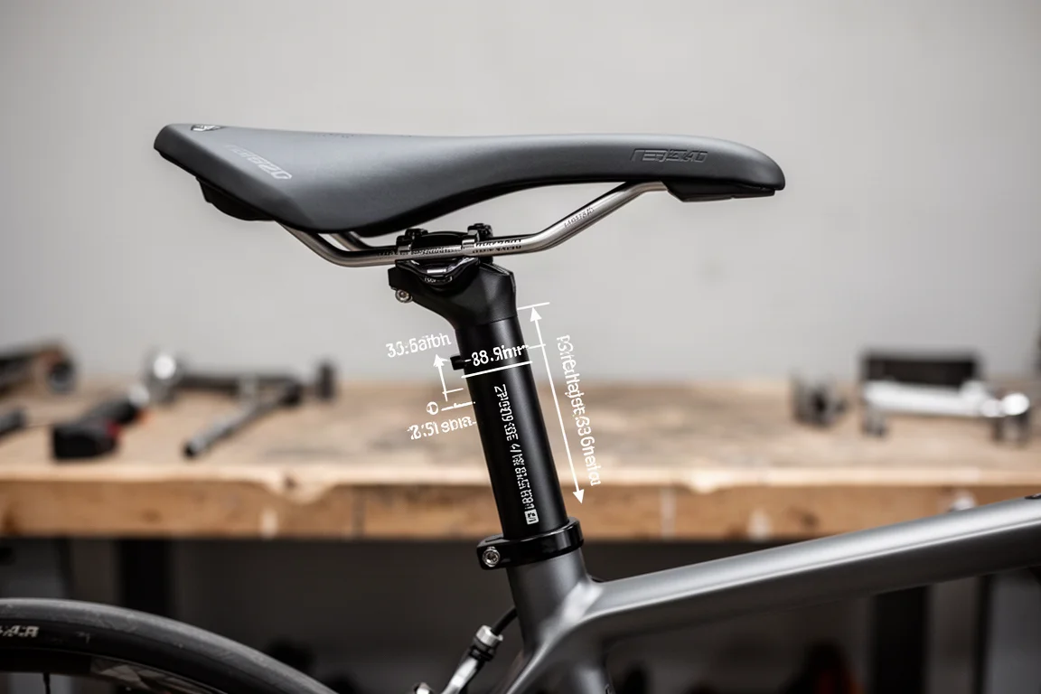 Primo piano della sella e del reggisella di una bici da strada con regolazione dell'arretramento