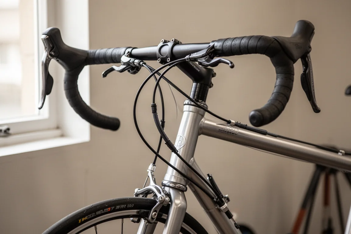 Cavi esterni che corrono lungo il manubrio e il tubo obliquo di una bici da strada
