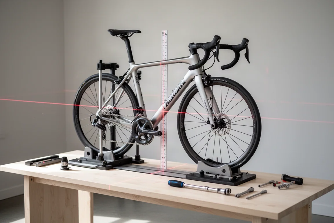 Bici da strada su un supporto di fitting all'interno di uno studio di bike fit minimalista