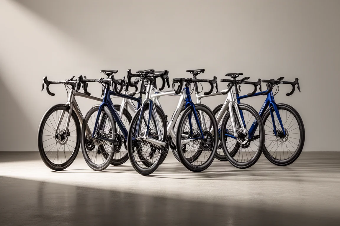 Six endurance road bikes lined up in a bright minimalist studio