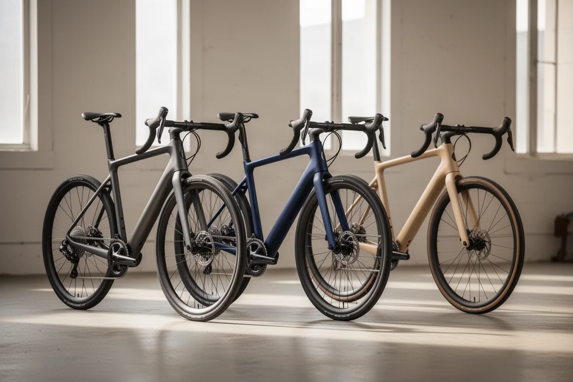 Tres bicicletas de carretera de endurance aparcadas en fila en un taller luminoso