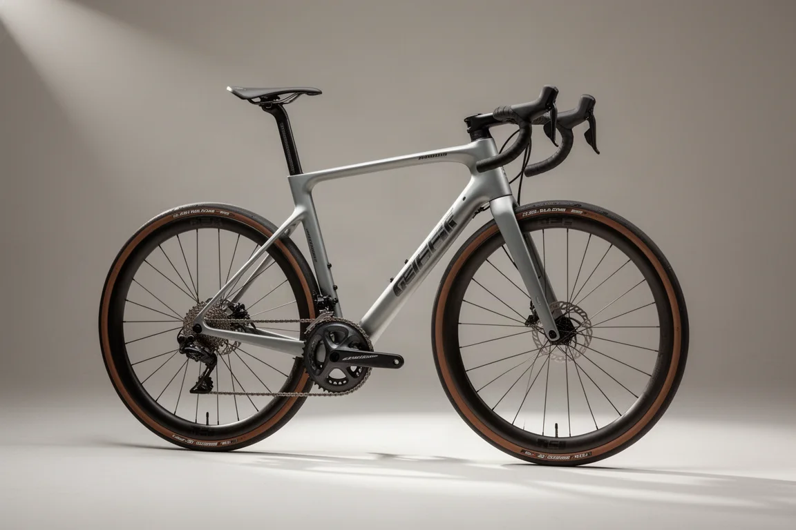 Three endurance road bikes in carbon, steel and titanium finishes on a concrete surface