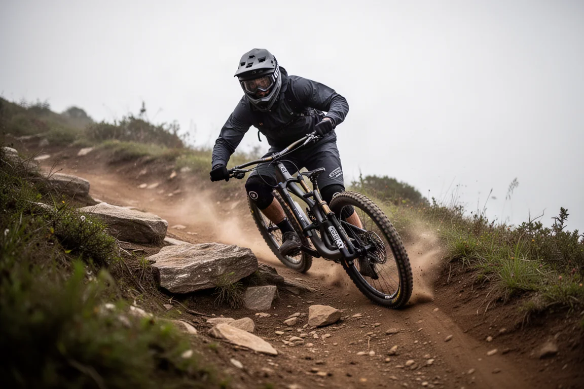 Mountain biker riding a steep rocky natural trail in overcast light